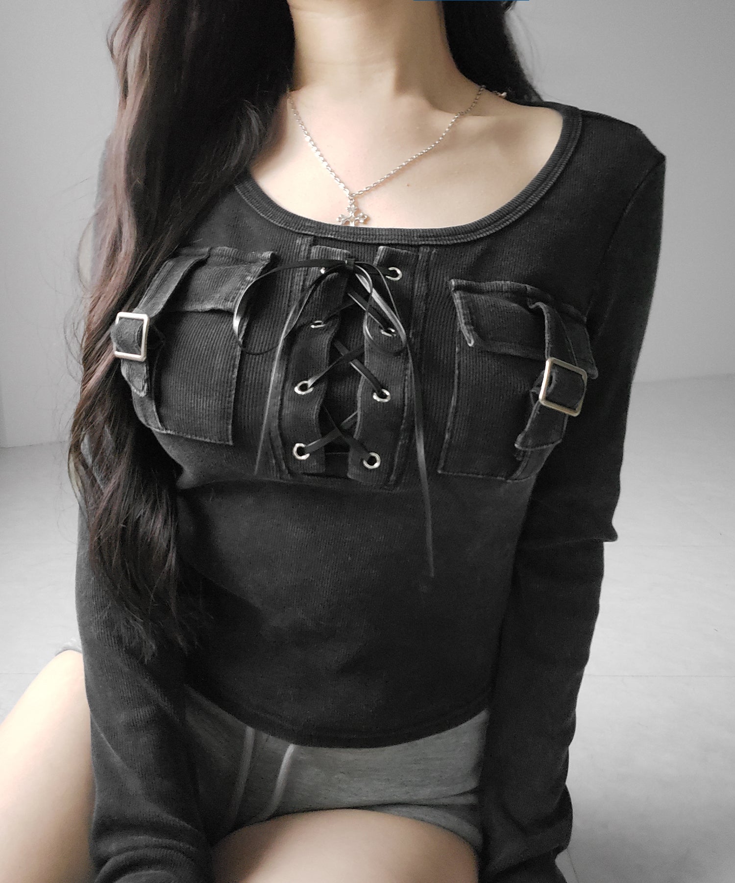 ヴィンテージレースアップアウトポケットスクエアリブロンT ／ vintage laceup outpocket square lib long slleve T-shirts