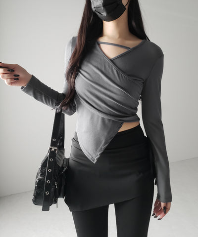 【 ３color 】ラインストラップギャザークロスレイヤードトップス ／ line strap gather cross layered Tops