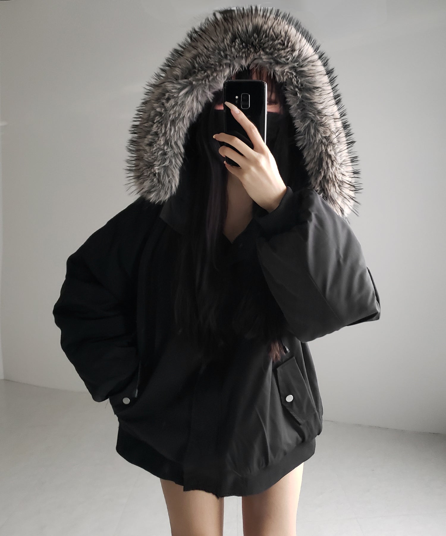 s*t様 フェイクファーフーディビッグダウンジャケット フェイクファーフーディビッグ中綿ジャケット ／ fake fur hoodie big