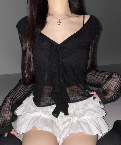 フリルシアールーズニットカーディガン ／ frill sheer loose knit cardigan