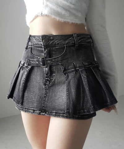 【 インパン裏地付 】ベルテッドマイクロプリーツデニムミニスカパン ／ belted micro pleats denim skirt pants