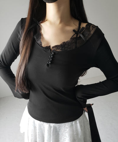 【 ２color 】ストラップダブルリボンレースカットソートップス ／ strap double ribbon lace cutsew tops