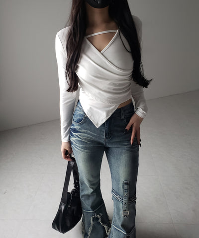 【 ３color 】ラインストラップギャザークロスレイヤードトップス ／ line strap gather cross layered Tops
