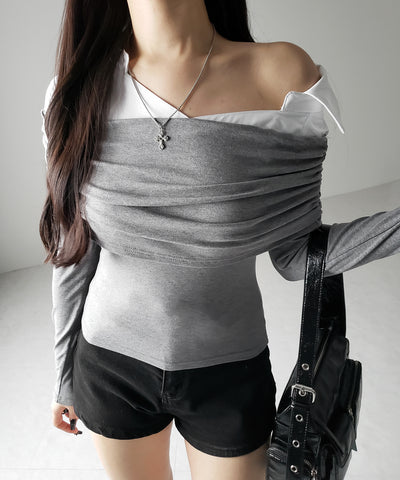【 ２color 】シャツドッキングワイドオフショルトップス ／ shirt docking wide off shoulder tops