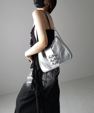 【 ３color 】ベルテッドフェイクレザーショルダーバッグ ／ belted fake leather shoulder bag
