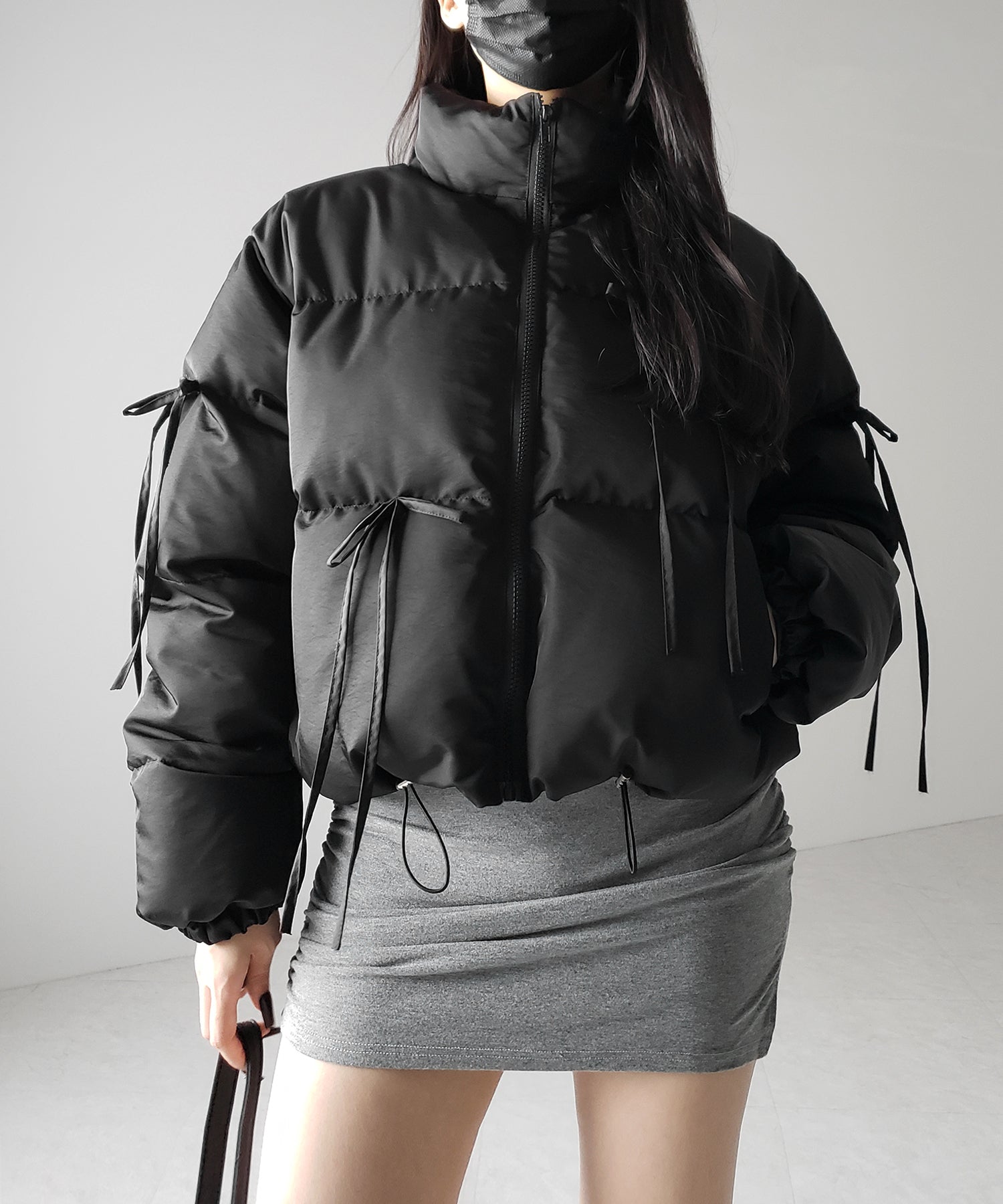 【 選べる３色展開 ／ 裾絞り可能２WAY 】ストラップリボンショートパフダウンジャケット ／ strap ribbon short puff down jacket