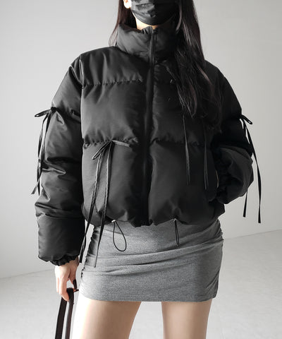 【 選べる３色展開 ／ 裾絞り可能２WAY 】ストラップリボンショートパフダウンジャケット ／ strap ribbon short puff down jacket