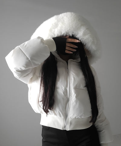 【 フード取り外し可能２ＷＡＹ 】フェイクファーフードショートダウンジャケット ／ 2WAY fake fur hoodie short down jacket