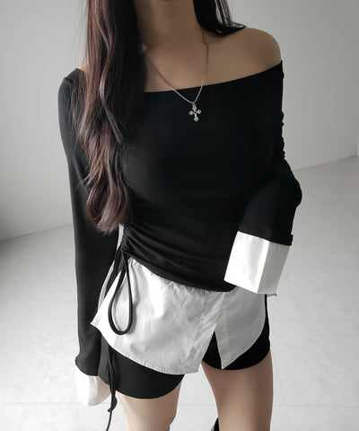 【 ２color ／ ２WAY 】シャツドッキングサイドリボンワンショルトップス ／shirt docking side ribbon oneshoulder tops