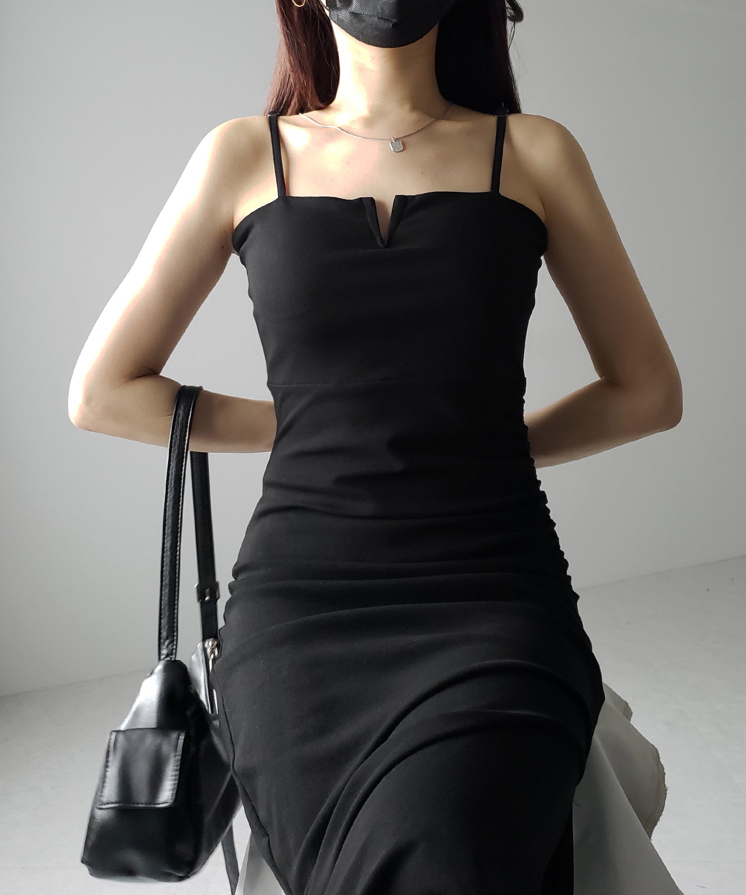 【 パッド付き 】バックストラップサイドシャーリングスリットロングキャミワンピース ／ back strap side shirring slit long cami onepiece