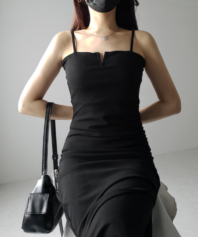 【 パッド付き 】バックストラップサイドシャーリングスリットロングキャミワンピース ／ back strap side shirring slit long cami onepiece
