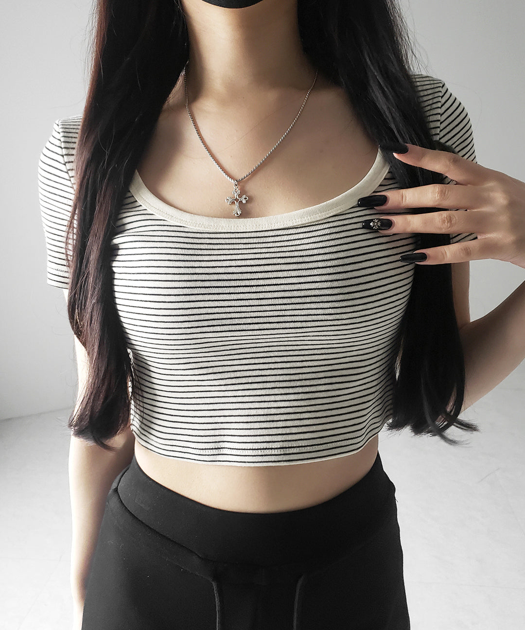 【 ２color 】ピンボーダースクエアネックショートＴシャツ ／ pin border square neck short T-shirt