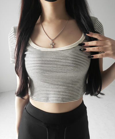 【 ２color 】ピンボーダースクエアネックショートＴシャツ ／ pin border square neck short T-shirt