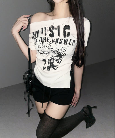グランジロゴプリント半袖スリムニットトップス ／ grunge logo print shortsleeve slim knit tops