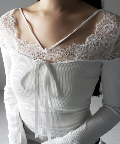【 ２color 】クロスストラップレース切替リブトップス ／ cross strap lace switching ribbed tops