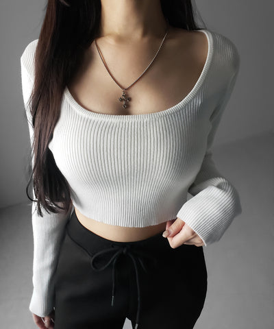 スクエアネックショートリブニットトップス ／ square neck short rib knit tops