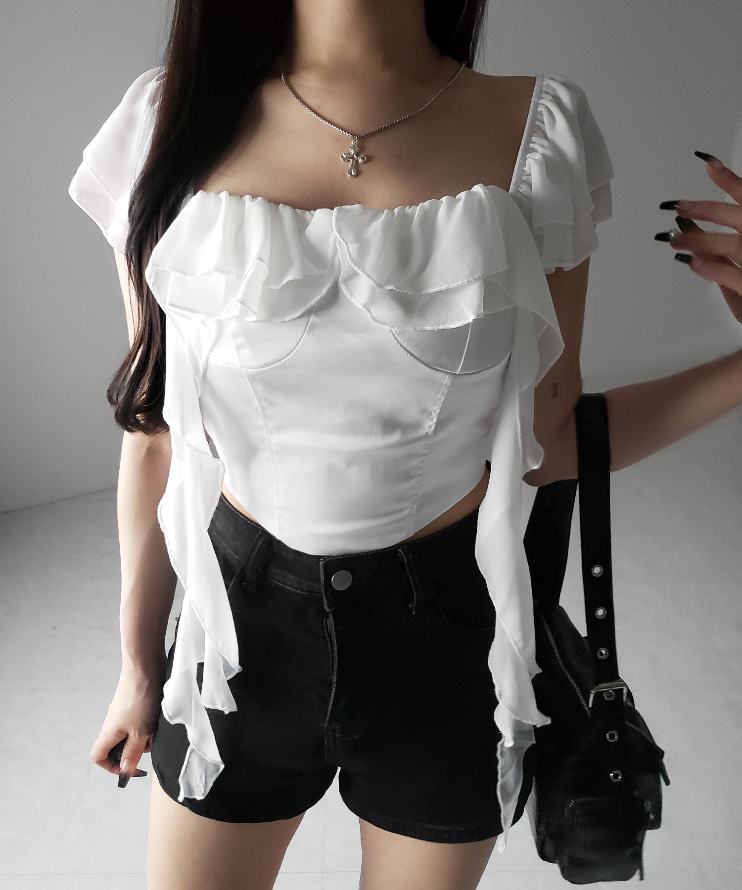 【 ２color ／ ２WAY 】シアーフリルコルセットサテンショートブラウス ／ sheer frill corset satin short blouse