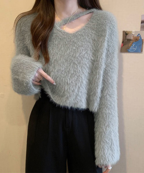 【 7color 】カットアウトショートシャギーニット
