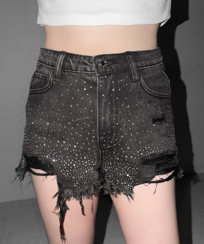 ラインストーンクラッシュダメージデニムショートパンツ／Rhinestone crash damage denim short pants