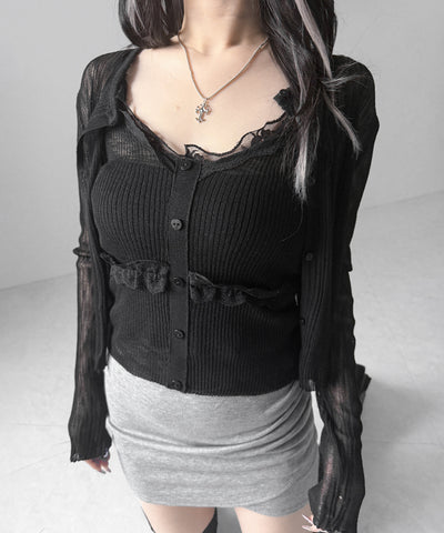 【 2点セット 】フロントレースシアーニットキャミソール ＋カーディガン SET / front lace sheer knit camisole + cardigan set