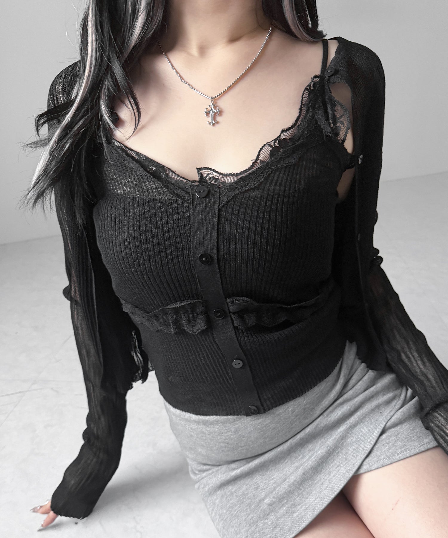 【 2点セット 】フロントレースシアーニットキャミソール ＋カーディガン SET / front lace sheer knit camisole + cardigan set