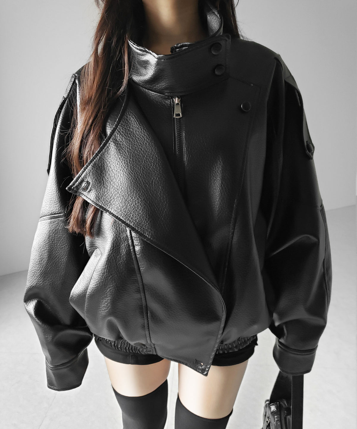ヴィンテージフェイクレザースタンドカラージップアップブルゾン ／ 2WAY vintage fake leather stand collar zipup blouson