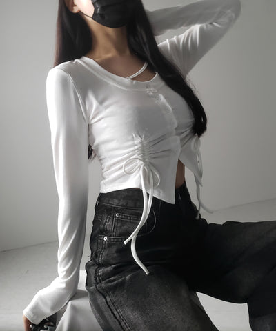 【 ２color ／ 裏起毛 】ナナメストラップダブルシャーリングリボントップス ／ naname strap double shirring ribbon tops