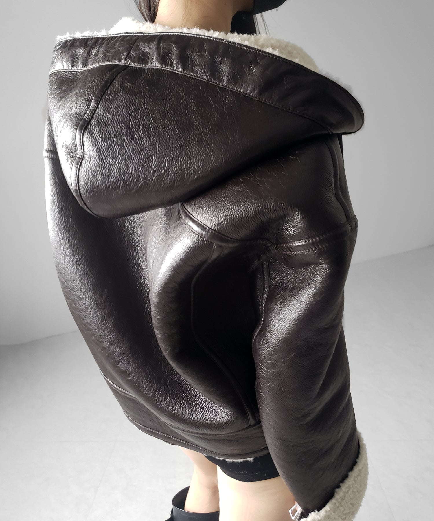 ヴィンテージレザーフーディボアムートンジャケット ／ vintage leather hoodie boa mouton jacket