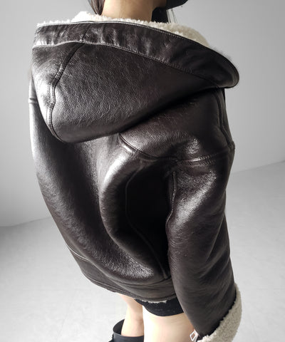 ヴィンテージレザーフーディボアムートンジャケット ／ vintage leather hoodie boa mouton jacket