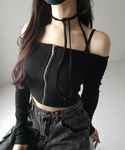 【 ３color ／ カップ付 】フロントジップクロスストラップオフショルトップス ／ front zip cross straps off-shoulder tops