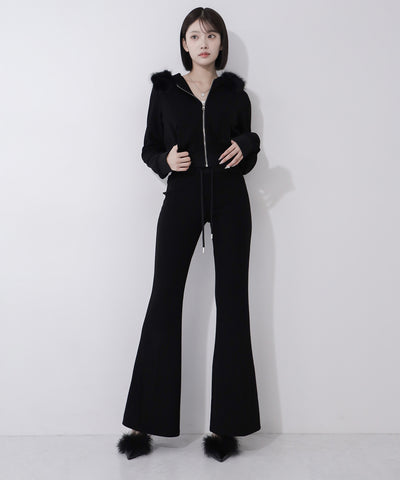 【 セットアップ 】ファーフードショートパーカー＆スウェットフレアパンツ ／ Fur short hoodie ＆ sweat flare pants SETUP