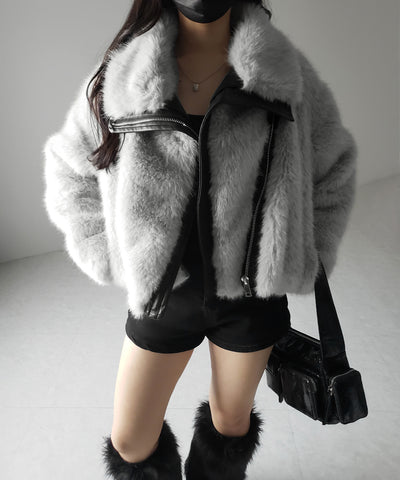 【 ２WAY 】ジップアップレザードッキングフェイクファーコート ／ zip up leather docking fake fur coat