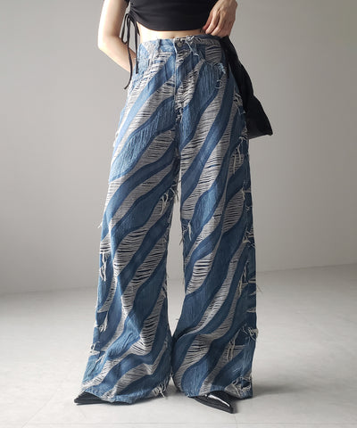 【 ２color ／ ４size 】バイカラーカットフリンジダメージワイドデニム ／ bicolor cut fringe damaged wide denim
