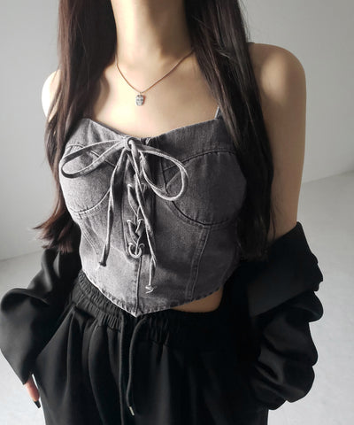 【 ２color 】レースアップリボンコルセットデニムビスチェ ／ lace up ribbon corset denim bustier
