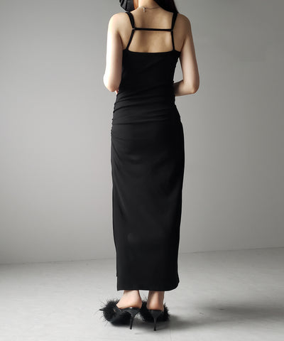 【 パッド付き 】バックストラップサイドシャーリングスリットロングキャミワンピース ／ back strap side shirring slit long cami onepiece