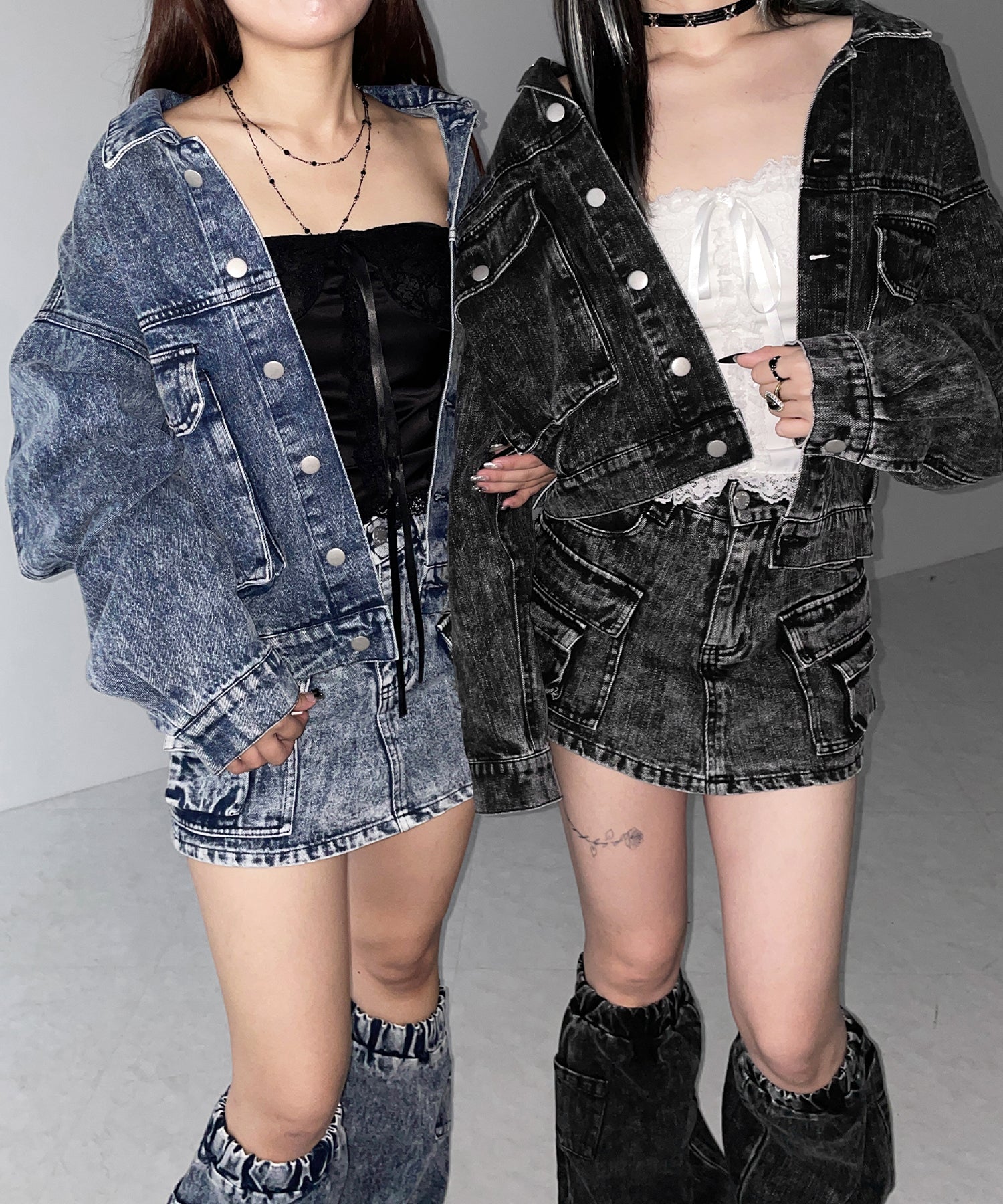 【 デニムセットアップ着用可能 】ヴィンテージケミカルブリーチカーゴデニムミニスカパン ／ vintage chemical bleach cargo denim mini skirt pants