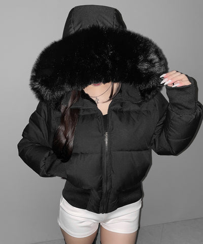 フェイクファーフード中綿ショートジャケット ／ fake fur hoodie fake down short jacket