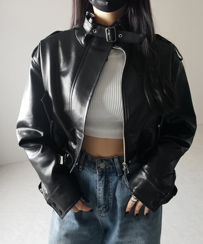 【 ２WAY 】スタンドカラーベルテッドフェイクレザーショートブルゾン ／ stand collar belted fake leather short blouson