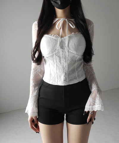 【 ２color 】チョーカーネックリボンコルセットレーストップス ／ choker neck ribbon corset lace tops