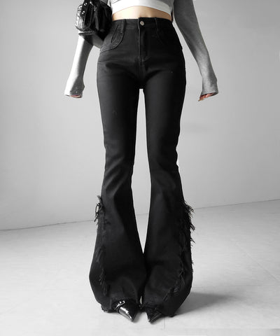 ヴィンテージライクフリンジストレッチフレアデニム ／ Vintage-like fringe stretch flare denim