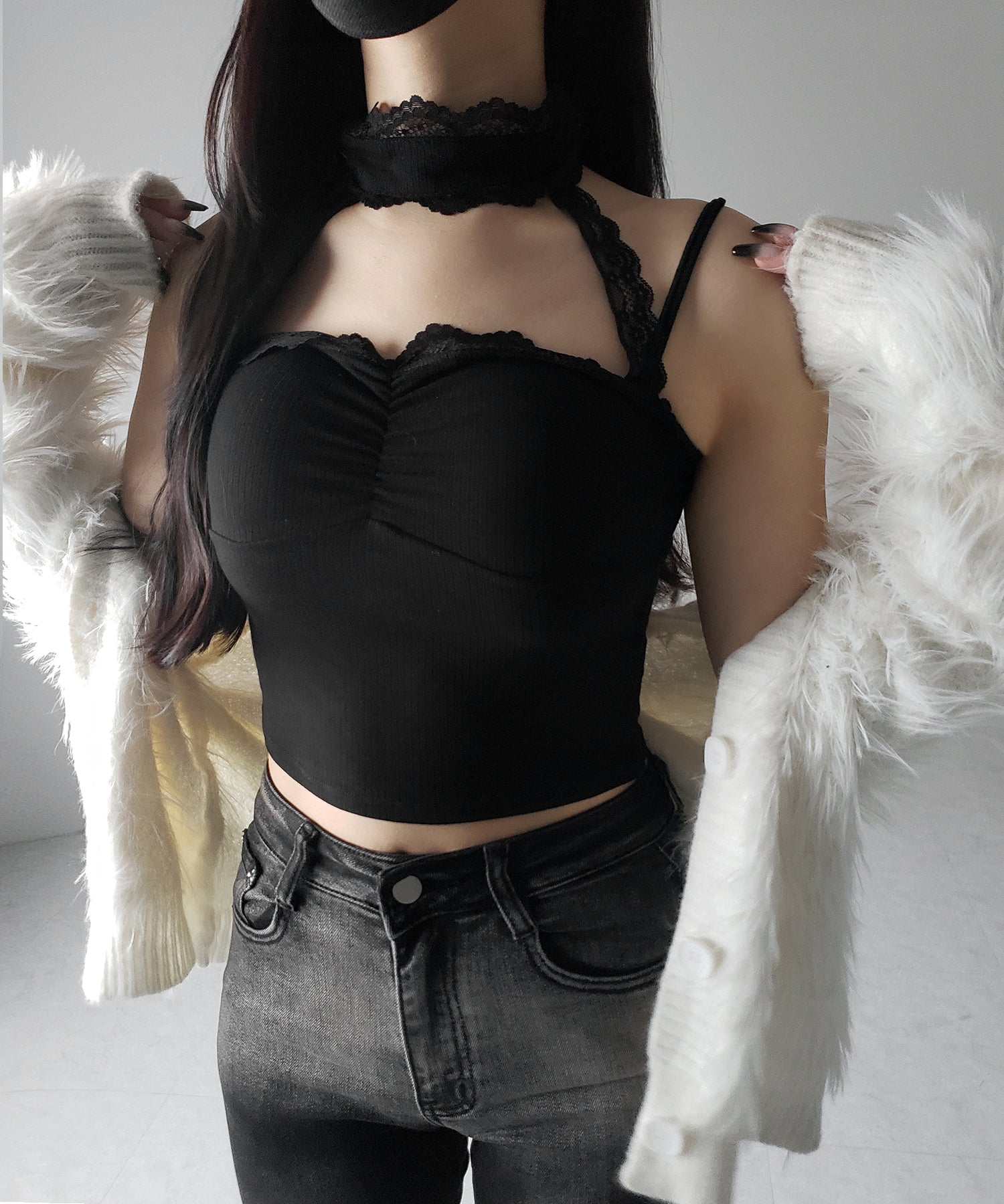 【 ２color ／ カップ付 】レースチョーカーストラップリブキャミソール ／ lace choker strap lib camisole