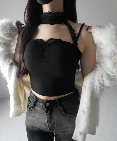 【 ２color ／ カップ付 】レースチョーカーストラップリブキャミソール ／ lace choker strap lib camisole