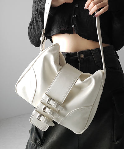 【 ３color 】ベルテッドフェイクレザーショルダーバッグ ／ belted fake leather shoulder bag