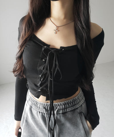 【 ３color 】レースアップフロントリボンショートスリムトップス ／ lace up front ribbon short slim tops