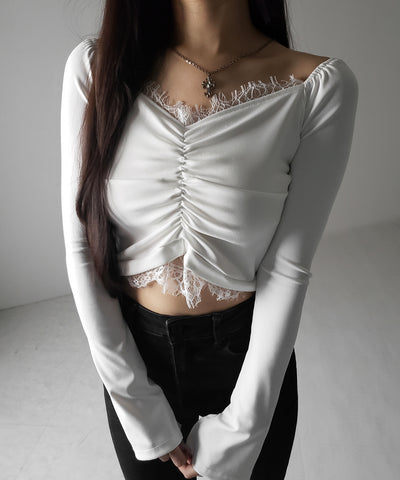 【 ２color 】レースドッキングシャーリングショートカットソートップス ／ lace docking shirring short cutsew tops