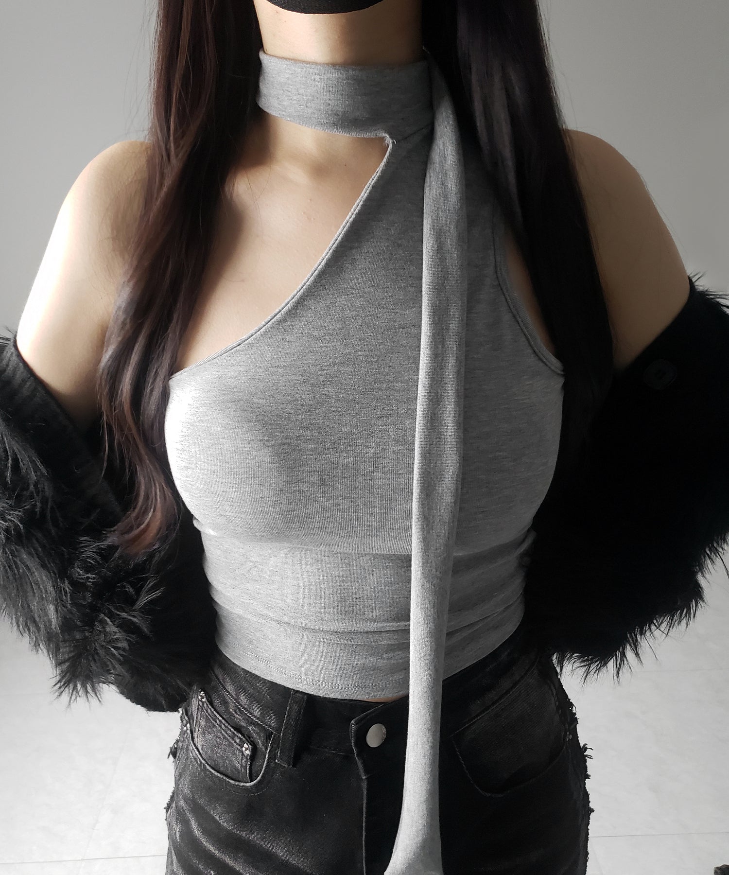 【 ３color ／ カップ付 】チョーカータイアシンメトリーワンショルキャミソール ／ choker tie asymmetry one-shoulder camisole