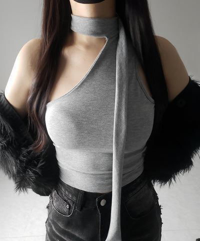【 ３color ／ カップ付 】チョーカータイアシンメトリーワンショルキャミソール ／ choker tie asymmetry one-shoulder camisole