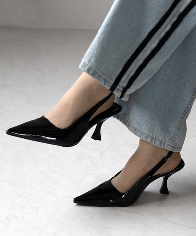【 ２color 】ポインテッドトゥチャンキーヒールメタリックミュール ／ pointed toe chunky heel metallic mules