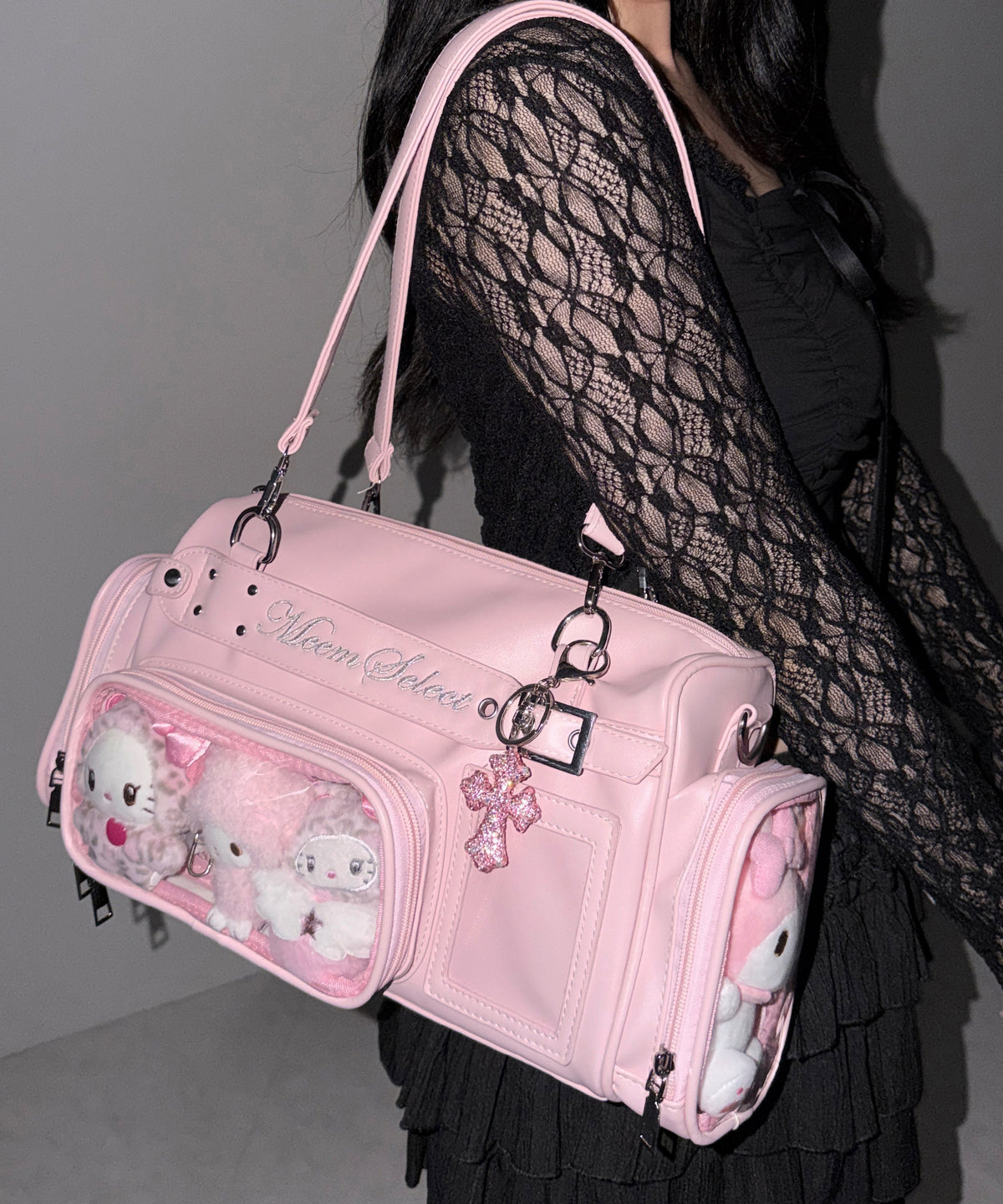 クリアポケット付きレタリング刺繍ショルダーバッグ ／ clear pocket lettering embroidery shoulder bag