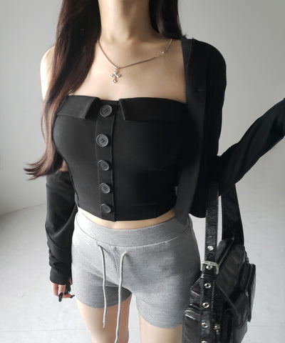 【 2点セット 】フロントボタンベアトップ ＋ クロップドカットソーカーディガン SET ／ front button bare top + cropped cutsaw cardigan SET
